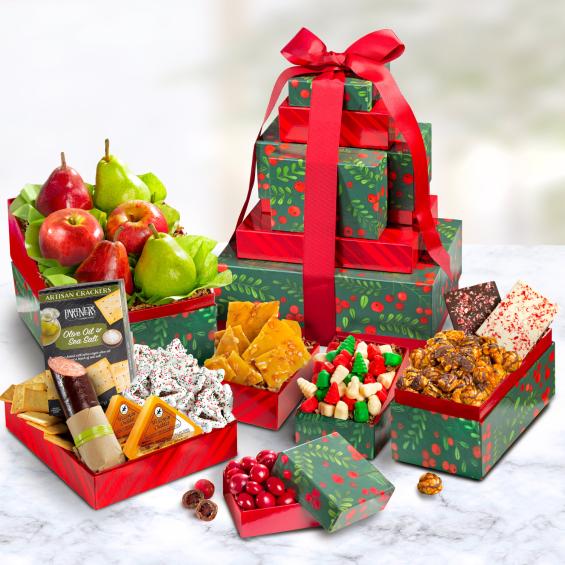 WCGB-AT0239, WCGB - Merry Mistletoe Deluxe Christmas Fruit, Cheese & Snacks Tower