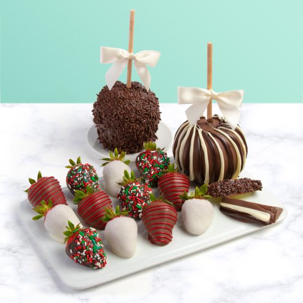 12 Christmas Dipped Berries with 2 Dark & White Dipped Caramel Apples ACD2030-CA2000, 12 Christmas Dipped Berries with 2 Dark & White Dipped Caramel Apples