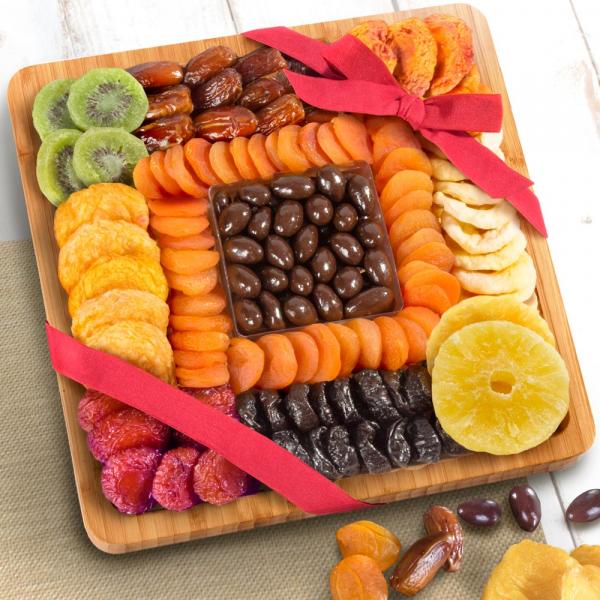 Dried Fruit and Chocolate Nuts on Bamboo Cutting Board Serving Tray AP8065, Dried Fruit and Chocolate Nuts on Bamboo Cutting Board Serving Tray