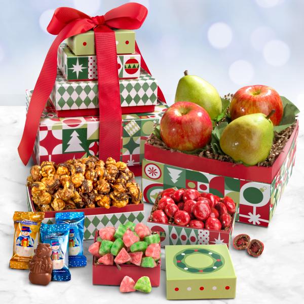 Merry Christmas Fruit and Treats Tower AT0234, Merry Christmas Fruit and Treats Tower