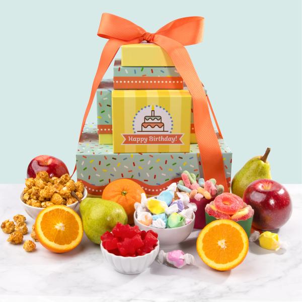 Say It With Fruit and Sweets Birthday Gift Tower AT0270, Say It With Fruit and Sweets Birthday Gift Tower